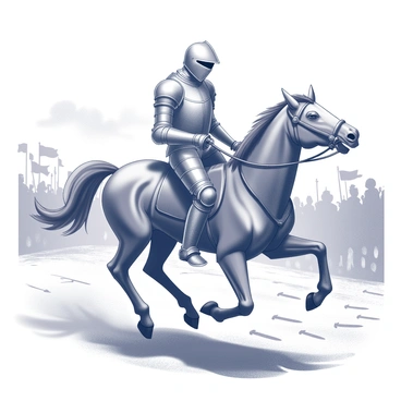 A brave knight clad in shining armor is riding a powerful horse. The knight's armor glimmers as light reflects off its polished surfaces. The horse, muscular and strong, gallops forward, its mane flowing in the wind. In the background, a medieval battlefield is visible, with scattered weapons and banners. The ground is uneven, marked by hoofprints and signs of previous struggles. The sky above is cloudy, hinting at the chaos of the ongoing battle.