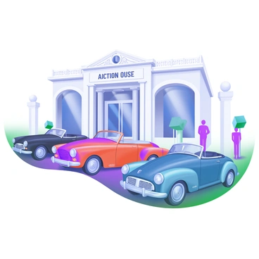 A row of vintage luxury cars is parked neatly in front of an elegant auction house. The cars display a variety of classic designs, including a sleek black sedan, a polished red convertible, and a stunning blue coupe. Each vehicle shines under the sunlight, reflecting its detailed chrome accents and timeless curves. The auction house features large, ornate windows, showcasing its grand interior, and is adorned with decorative architecture. A few onlookers are gathered nearby, admiring the cars and the impressive building.