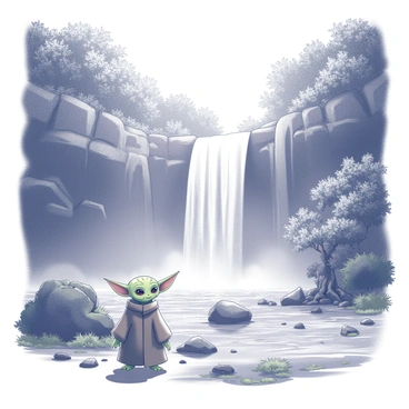 A small, green alien with large ears and wise eyes stands beside a majestic waterfall cascading down rocky cliffs. The alien is dressed in a brown cloak that drapes around its small frame. The waterfall creates a mist that fills the air, and lush trees surround the scene, their leaves dense and rich in texture. The ground is dotted with smooth stones and patches of foliage, contrasting with the flowing water nearby. The overall composition captures the serenity and beauty of nature.