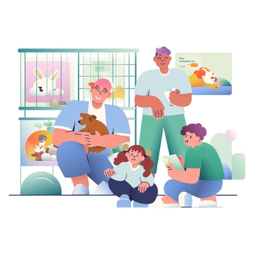 A family of four is at an animal shelter, looking at various pets to adopt. The mother, wearing a light blue blouse, is kneeling beside a small brown puppy with floppy ears. The father stands beside her, holding a playful orange kitten in his arms, which is peeking out curiously. Their young daughter, with curly hair tied in pigtails, is sitting on the floor, reaching out to a fluffy white rabbit in a cage nearby. The older brother, wearing a green t-shirt, is reading an information card about a tabby cat lounging in a cozy bedding area. The shelter has colorful posters on the walls promoting pet adoption.