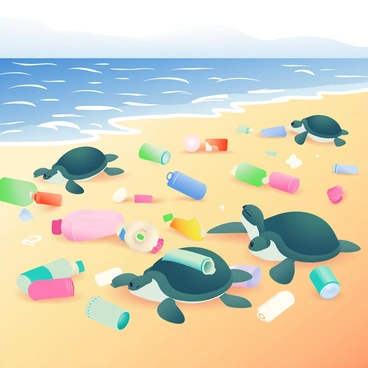 A beach with golden sand is littered with various pieces of plastic waste, including bottles, bags, and wrappers scattered across the shoreline. Several sea turtles with dark green shells are seen navigating through the debris, gracefully moving around the plastic items. The crashing waves are gently washing up against the beach, while the sunlight casts a warm glow over the scene, illuminating both the turtles and the colorful trash. In the background, a clear blue sky meets the ocean, creating a striking contrast with the littered landscape.