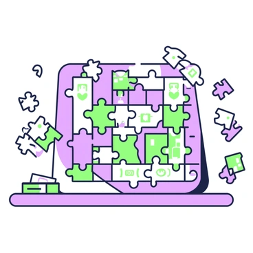 A tabletop with a completed puzzle game is displayed, showcasing the final image as a complex graph made up of interlocking pieces. The pieces vary in shape, each featuring intricate designs and patterns that contribute to the overall structure of the graph. Some pieces are still on the table, waiting to be placed, while others are already fit together, creating a vibrant network of connections. The background includes a few scattered puzzle pieces and a small box that holds the remaining pieces.