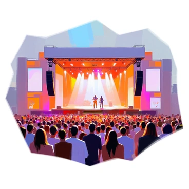 A concert venue featuring a modern design with multiple sections, ensuring clear sightlines for both seated and standing attendees. The stage is positioned at the front, elevated to enhance visibility. Seated areas are arranged in tiered rows with comfortable seating, while standing areas are designed with open space for unrestricted movement. LED lights illuminate the stage, creating a vibrant atmosphere. The crowd is filled with diverse attendees, some dancing and others seated, all focused on the performance happening at the center of the venue.