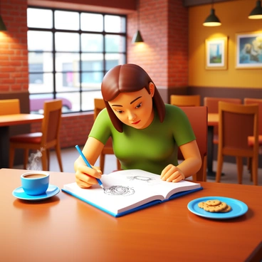 An artist sketching in a notebook at a wooden table in a cozy café. The artist is holding a pencil in one hand and looks focused on the page. A steaming cup of coffee sits beside the notebook, with a small plate of cookies next to it. The café has warm lighting, wooden chairs, and brick walls adorned with artwork. A large window displays a view of the street outside.