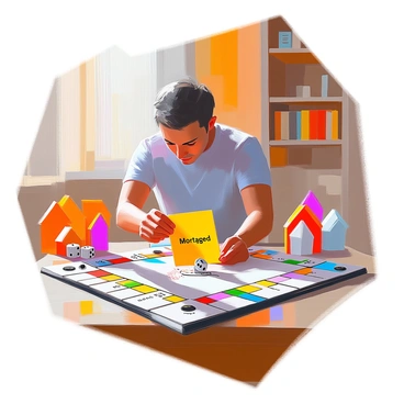 A player with medium skin tone is standing at a wooden table, flipping a bright yellow Monopoly property card to reveal the "Mortgaged" status. The card is slightly angled towards the viewer, displaying the clear text. The player is dressed casually in a blue t-shirt and jeans, with their hand positioned at the bottom edge of the card. Surrounding the table are various other Monopoly game pieces, including colorful houses, a metal thimble, and a few dice, contributing to the active game setting. The background features a cozy room with warm lighting and a shelf filled with board games.