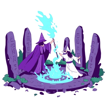Two wizards stand in a powerful duel within an ancient stone circle. One wizard, wearing a deep purple robe adorned with intricate silver patterns, raises a glowing teal staff towards the sky, summoning bolts of energy around him. The other wizard, clad in a flowing white cloak, counters with a circle of blue flames swirling at his feet, projecting an aura of intense magic. The stone circle is comprised of towering, weathered stones covered in green moss, with ancient runes etched into their surfaces. The ground is a mix of dark earth and scattered leaves, illuminated by the vibrant energy emanating from the wizards. The atmosphere is charged with tension as magical forces collide, creating a visual spectacle of light and power.
