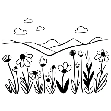 A wide meadow filled with various wildflowers swaying in the breeze. The flowers have distinct shapes and sizes, some tall and slender while others are short and bushy. The grass surrounding the wildflowers forms a lush carpet across the landscape. In the background, a few distant hills can be seen, adding depth to the scene. The sky above is clear with a few fluffy clouds drifting slowly. The movement of the flowers and grass suggests a gentle breeze passing through the meadow.