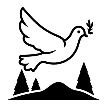 A dove carrying an olive branch in its beak flying over a landscape with rolling hills and trees.