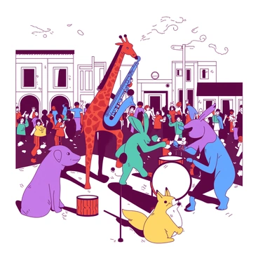 A red giraffe is playing a blue saxophone, standing tall among a lively band of animals in a bustling town square. Next to the giraffe, a teal rabbit is enthusiastically drumming on a small white snare drum. A purple elephant is playing a blue trumpet, its large ears flapping as it blows into the instrument. In front of them, a yellow fox is singing into a white microphone, with a joyful expression on its face. Surrounding the band, a crowd of various animals is gathered, clapping and dancing to the music, creating a vibrant atmosphere filled with energy.
