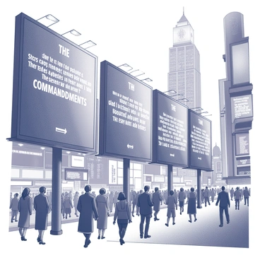 A series of large billboards displaying "The Ten Commandments" prominently. Each billboard features one commandment clearly legible, designed with bold lettering. The setting is a bustling modern city with tall skyscrapers and busy streets filled with pedestrians and vehicles. Neon lights and advertisements can be seen in the background, adding to the urban atmosphere. People of various backgrounds are walking by, some stopping to read the billboards while others continue on their way. The overall scene captures the contrast between ancient teachings and contemporary life.