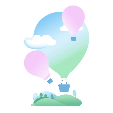A series of hot air balloons are shaped like upward and downward stock arrows. The balloons are brightly colored in various gradient pastel shades of pink, blue, and green. They are ascending into a clear blue sky, leaving behind soft, fluffy clouds. Below, a small landscape with rolling hills and a few trees is visible, contrasting with the vibrant hues of the balloons. The scene invokes a sense of upward movement and growth in the sky.