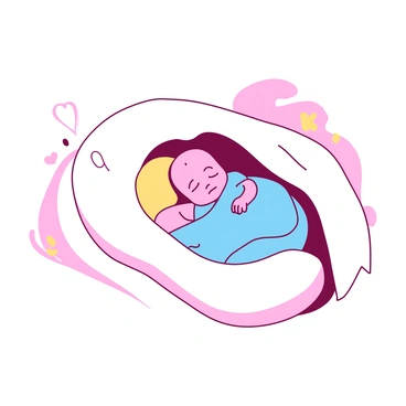 A white, large, abstract shape representing the womb, gently cradling a small, peacefully sleeping baby swaddled in a soft blue blanket. The baby has a serene expression, with eyes closed and a tiny fist resting near the chin. Surrounding the womb, there are swirling patterns in soft pink and yellow, creating an atmosphere of warmth and love. The colors blend smoothly around the womb, enhancing the comforting embrace it provides to the baby.