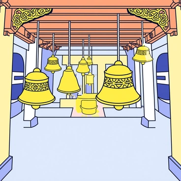 A series of large, ornate bells hanging from intricately carved wooden beams in a temple courtyard. The bells are adorned with detailed engravings and decorative patterns, reflecting light in golden hues. They are suspended by sturdy ropes, each bell varying in size, creating a visually appealing arrangement. The courtyard features smooth stone flooring and is surrounded by stone walls, adding to the temple's grandeur.