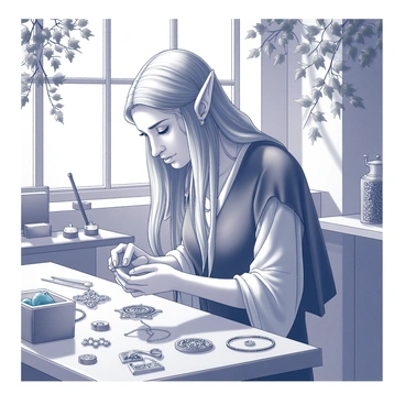 An elven artisan is meticulously working in a workshop. The artisan has long, flowing hair and pointed ears, wearing elegant clothing that reflects traditional elven craftsmanship. The workshop is filled with various tools and materials for jewelry making, including delicate filigree and gemstones. The artisan is focused on shaping a piece of jewelry, with their hands skillfully manipulating metal and embellishing it with intricate designs. Natural light filters in through large windows, illuminating the workspace and highlighting the beauty of the crafted items. Overhead, vines can be seen gracefully draping down, creating an enchanting atmosphere in the workshop.
