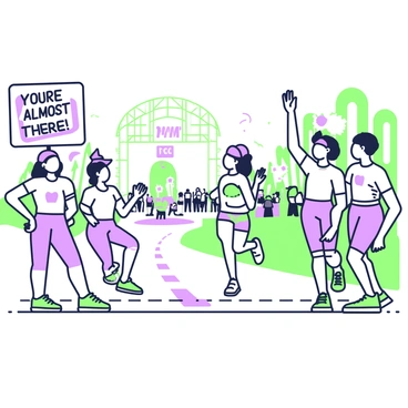 A group of friends stands along the side of a marathon route, excitedly cheering for a runner approaching the finish line. One friend holds a bright sign that reads "You're almost there!" in bold letters. Another friend wears a colorful hat and waves a small flag, while a third friend is captured mid-jump, showing enthusiasm. They are all dressed in casual sportswear, and the background features a bustling crowd of spectators, with colorful banners and flags lining the streets. The marathon runner, wearing a bright running outfit, is visible in the foreground, approaching the finish line with determination.