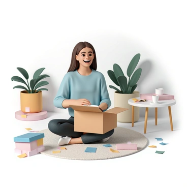 A happy customer, a young woman with long brown hair, is sitting on her living room floor. She is wearing a light blue sweater and dark jeans. She is smiling widely as she opens a cardboard box containing a new gadget, revealing it partially and showing excitement on her face. Surrounding her are pieces of colorful packaging material and bubble wrap scattered around the floor. The living room features a cozy atmosphere with a plush rug, a small coffee table nearby with a cup of coffee, and houseplants in the background.