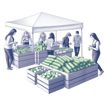 A lively farmer's market scene filled with various stalls. One stall prominently displays an abundance of fresh cucumbers stacked neatly in wooden crates. Another stall features prepared slices of cucumber arranged in small containers, ready for customers. People move about, interacting with vendors and examining the produce. Some individuals are holding bags filled with fresh vegetables, while others are sampling items from the stalls. The atmosphere is vibrant with a mix of textures and shapes from the produce and market setup.