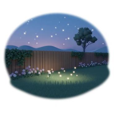 A tranquil backyard filled with lush green grass and a variety of blooming flowers. The sky is transitioning to twilight, showcasing shades of deep blue and purple. Numerous fireflies are glowing softly as they flit around, creating a shimmering light display. A wooden fence borders the backyard, partially covered in ivy. In the distance, a silhouette of a tree stands tall, providing a gentle backdrop to the scene.