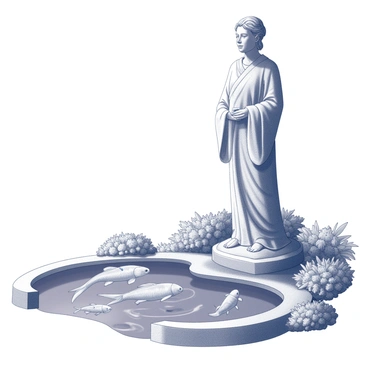 A stone statue stands tall, meticulously carved, with intricate details on its surface. The statue depicts a serene figure, perhaps a guardian or a deity, with a calm expression. In the foreground, a koi pond is present, featuring gracefully swimming koi fish, their bodies elegantly gliding through the water. The pond is surrounded by lush greenery, with various plants and flowers adorning the edges, creating a natural frame around the tranquil scene. The gentle ripples of the water reflect the statue and the garden, enhancing the peaceful atmosphere.