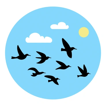 A flock of birds, depicted in silhouette form, is soaring through a clear blue sky. The birds are arranged in a V formation, showcasing their wings spread wide against the backdrop. Each bird has distinct shapes and sizes, adding variety to the group as they glide gracefully above. The sun is visible in the distance, casting a warm glow that outlines the birds.