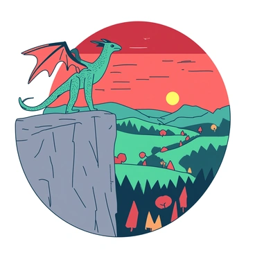 A duotone creature with fiery orange wings is standing majestically on top of a rugged gray cliff. The creature has a scaly body with intricate patterns in a contrasting teal shade. Below the cliff, a lush green valley stretches out, dotted with colorful trees. The sky above the valley is filled with vibrant red hues of a setting sun, casting a warm glow on the creature's wings. The creature gazes intently into the distance, its sharp gaze focused on the horizon.
