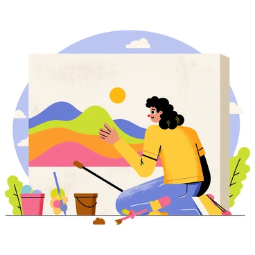 An artist with long curly hair is kneeling in front of a large wall, using a stick to apply brown mud to create a vibrant mural. The mural features a colorful landscape with rolling hills and a bright sun. There are paintbrushes, buckets of mud, and colorful pigments scattered on the ground around the artist. The wall is textured, showing the rough surface that the artist is working on. In the background, there are trees and a clear blue sky, adding to the outdoor setting.