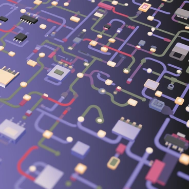 A digital flat illustration featuring a close-up of a circuit board. The circuit board is filled with intricate details, showcasing colorful pathways in bright blue, green, and red. Various components are depicted, including small black chips, metallic capacitors, and multicolored resistors. The pathways connect the components in a complex network. Some of the pathways have small lights glowing in yellow and white, adding to the vibrancy of the image. The background of the circuit board has a sleek, dark texture that contrasts with the vivid colors of the components and pathways.