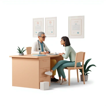 A middle-aged doctor, wearing a white lab coat and a blue shirt, is sitting at a wooden desk. He is leaning slightly forward, engaged in conversation with a patient. The patient, a young woman wearing a light green sweater, is sitting across from him, looking attentive and relaxed. The office is warm and inviting, featuring soft lighting, framed certificates on the walls, and a potted plant in the corner. A comfortable chair is positioned next to the desk, and a stethoscope is draped over the desk, indicating a medical environment.