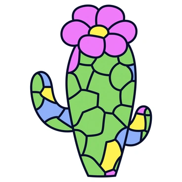 A mosaic art piece depicting a cactus with a tall, upright shape covered in green segments. The cactus has a large, vibrant pink flower blooming at the top, with several petals open wide. The mosaic's arrangement features various small tiles in vivid colors, showcasing shades of green, pink, yellow, and blue. The background consists of contrasting tiles, enhancing the vibrant appearance of the cactus and its flower.