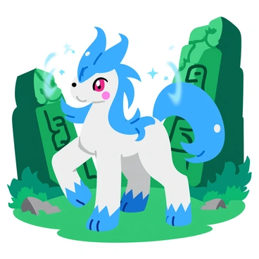 A blue and white Suicune standing tall and protectively in front of ancient mystical ruins. The ruins are composed of crumbling stone walls covered in vibrant green moss, with intricate carvings depicting ancient symbols. Ethereal light glows softly around Suicune, creating a shimmering aura that enhances its majestic presence. The atmosphere is filled with floating sparkles and faint wisps of mist, adding to the sense of magic. Suicune's long flowing mane and tail are gently swaying, catching the light and creating a dynamic effect in the serene setting.