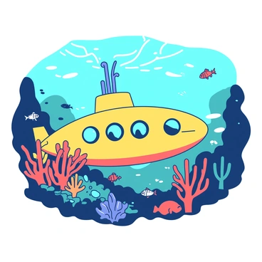 A yellow submarine is submerged in a rich underwater environment, surrounded by colorful coral reefs. The submarine has large round windows showing a view of the vibrant marine life outside. Various fish of different sizes and colors swim gracefully around the coral formations, which display shades of red and teal. Sunlight filters through the water's surface, creating a shimmering effect that illuminates the submarine and the surrounding scenery.