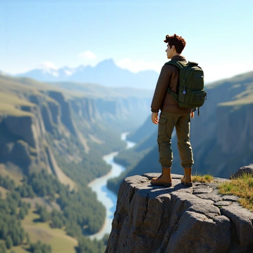 An adventurer with tousled brown hair and a rugged face stands at the edge of a steep cliff. He is wearing a weathered leather jacket, cargo pants, and sturdy hiking boots. A green backpack is slung over one shoulder, and he has a compass hanging around his neck. The vast landscape before him features rolling hills, a deep valley, and a distant mountain range under a clear blue sky. Sunlight casts long shadows across the terrain, highlighting patches of trees and a winding river far below. The adventurer gazes out thoughtfully, taking in the breathtaking view.