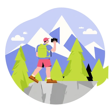 A hiker wearing a green backpack and brown hiking boots is standing on a rocky ledge. The hiker is holding a black camera up to their face, capturing the view of towering snow-capped mountains in the background. Lush green trees surround the base of the mountains, and a clear blue sky with fluffy white clouds stretches above. The sunlight casts a warm glow on the hiker and the landscape, enhancing the vibrant colors of the scene.