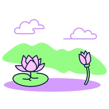 A landscape features floating lotus flowers gracefully positioned above a serene body of water. The lotus flowers are depicted with broad green leaves at their base, and their delicate petals are unfurling. Fluffy clouds drift lazily across the sky, creating a gentle sense of movement. In the distance, soft rolling hills are visible, providing a tranquil backdrop to the scene. The overall composition evokes a sense of harmony and peace.