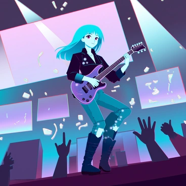 An anime character with vibrant blue hair and large expressive eyes is playing an electric guitar on stage at a rock concert. They are wearing a black leather jacket adorned with silver studs, tight jeans, and combat boots. The stage is illuminated with bright, colorful lights, casting dynamic shadows. The crowd in front of the stage is cheering, with hands raised in the air, some holding glow sticks. The character is in an energetic pose, leaning forward with one foot on a monitor, fully immersed in the music. The guitar has a sleek design, featuring bold patterns and glowing elements that match the intensity of the performance.