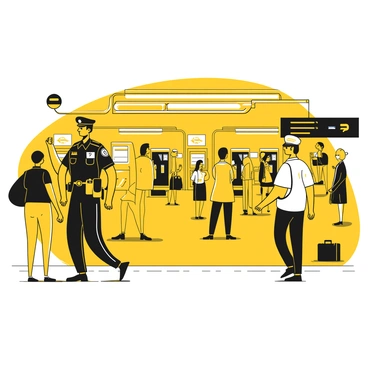 A security personnel in a black uniform is walking through a busy metro station, actively observing the surroundings. The person wears a cap and a badge, with a radio clipped to the belt. In the background, commuters are standing in line at ticket machines and waiting near platforms. Signs indicating train schedules and directions are visible on the walls. The atmosphere is bustling, with people carrying bags and briefcases. A security camera is mounted on the ceiling, watching over the entire area.