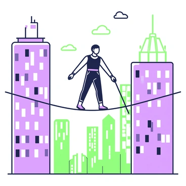 A tightrope walker is gracefully balancing on a rope stretched between two tall buildings in a city skyline. The walker is wearing a fitted black outfit, with a focus on their determined expression. They hold a long balancing pole horizontally in front of them. Below, the cityscape features a mix of modern skyscrapers and classic architecture, with windows reflecting the sunlight. The sky above is clear with a few clouds, adding depth to the scene. Shadows from the buildings create interesting patterns on the ground below.