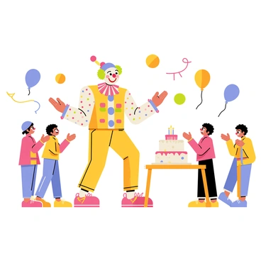 A friendly cartoon clown juggling and entertaining at a birthday party