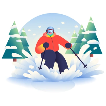 A skier with a red jacket and black pants is bursting through a wall of powdery snow. Snow is flying in all directions around him, creating a sense of dynamic motion. The skier is wearing a helmet and goggles, and his poles are extended forward. The background shows tall pine trees dusted with snow, and a clear blue sky above. Sunlight is reflecting off the snow, highlighting its fluffy texture and creating a sense of excitement in the scene.