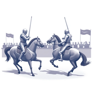 Two knights clad in shining armor are positioned on horseback, preparing to charge towards each other in a jousting tournament. Each knight holds a lance firmly, aimed forward, showcasing their determination. The horses, strong and majestic, are adorned with intricate barding. The background is filled with cheering spectators, their expressions animated with excitement and anticipation. Flags wave in the breeze, and banners hang from nearby structures, adding to the lively atmosphere of the event. The ground beneath them is marked by the activity of the tournament, creating a dynamic scene filled with energy.