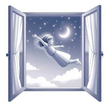 A child is depicted mid-air, flying through an open window. The window frame is made of wood with intricate carvings, and curtains billow outwards from the force of the flight. Outside, a vast starry sky stretches, filled with numerous twinkling stars and a bright crescent moon. The child's hair flows behind them, and they wear a nightgown that flutters in the breeze. Their arms are outstretched, embodying a sense of freedom and excitement as they soar towards the sky. A few fluffy clouds can be seen in the distance, enhancing the dreamlike quality of the scene.