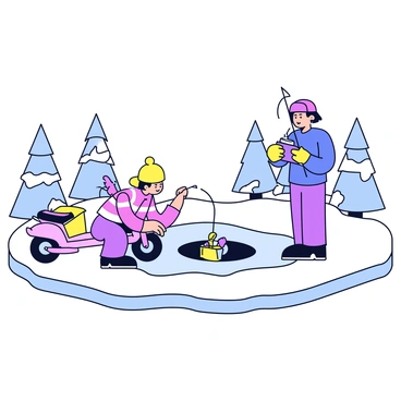 A snow scooter parked near an ice fishing spot with anglers setting up