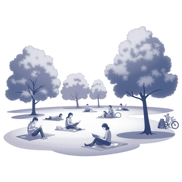 A park on a campus featuring grassy areas and trees providing shade. Students are scattered across the park, some lounging on picnic blankets, while others sit on benches reading books. A few students are engaged in conversation, smiling and enjoying each other's company. A couple of bicycles are parked nearby, and a soft breeze rustles the leaves of the trees overhead. A clear sky contributes to the peaceful atmosphere.