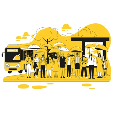 A crowded bus stop filled with a diverse group of people waiting. Each person is holding umbrellas of various sizes and shapes, with some standing closely together and others slightly apart. The individuals are dressed in raincoats and waterproof shoes, displaying a range of styles. Puddles form on the ground, reflecting the umbrellas and the cloudy sky above. In the background, a bus approaches, its headlights illuminating the scene. A few advertisement posters are visible on the bus stop shelter, while a tree nearby sways gently in the rain.