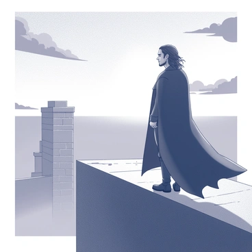 Jon Snow standing on the Wall, gazing into the horizon. He is wearing a dark cloak, with the fabric blowing slightly in the wind. His long hair is tousled, and there is a serious expression on his face. The Wall towers behind him, made of ancient stone, with some snow on its surface. The sky above him features dynamic cloud formations. The sun is low on the horizon, casting a silhouette of Jon against the vastness of the sky.