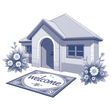 A welcome mat positioned at the entrance of a cottage. The mat features intricate patterns and designs. The cottage is composed of natural materials, showcasing a thatched roof and stone walls. Surrounding the entrance are clusters of flowers with various shapes and sizes, adding texture and detail to the scene. The flowers are arranged in an organized manner, creating a warm and inviting atmosphere around the entrance.