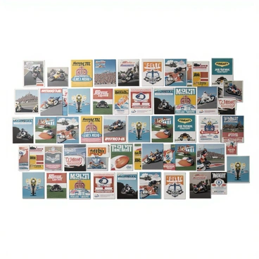 A wall, covered entirely with posters featuring various famous motorcycle races and events. The posters display vibrant colors and dynamic images of motorcycles in action, riders in racing gear, and cheering crowds. Some posters prominently feature iconic races such as the Isle of Man TT and MotoGP, with logos and bold typography. The wall is adorned with a mix of vintage and modern designs, showcasing different eras of motorcycle racing. The posters are arranged in an overlapping fashion, creating a lively collage effect.