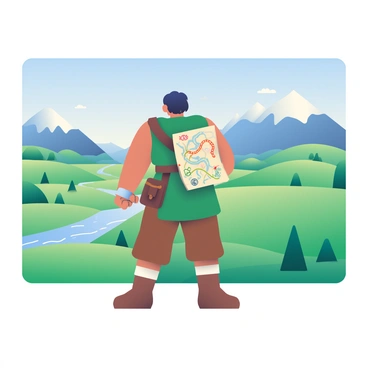 A hero with medium skin and short, dark hair is standing at the edge of a vast landscape. The hero is wearing a rugged green tunic and brown pants, with a leather belt holding a small dagger. In one hand, they hold a detailed map with marked routes and symbols. The landscape is expansive, featuring rolling green hills, distant mountains with snow-capped peaks, and a clear blue sky above. There are a few scattered trees and a winding river visible in the distance, creating a sense of movement and adventure. The hero stands confidently, gazing into the horizon, ready to embark on their quest.