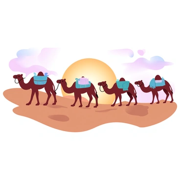 A caravan of camels is journeying across expansive sand dunes. Each camel is adorned with colorful blankets and saddles, carrying goods. The silhouettes of the camels are highlighted against the vibrant hues of the setting sun, which casts a warm glow across the landscape. The sky is a gradient of pastel colors, transitioning from soft oranges to gentle pinks. The dunes are softly rolling, creating shadows that enhance the serene atmosphere of the scene.