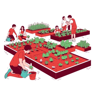 A red community garden is filled with various types of vegetables and flowers. Neighbors are working together; one person is kneeling down, planting seeds in neat rows, while another is watering the plants with a teal watering can. In the background, there are raised garden beds filled with green plants, and a group of people is discussing the growth of their crops. Bright sunshine casts gentle shadows across the garden, creating a vibrant and lively atmosphere.